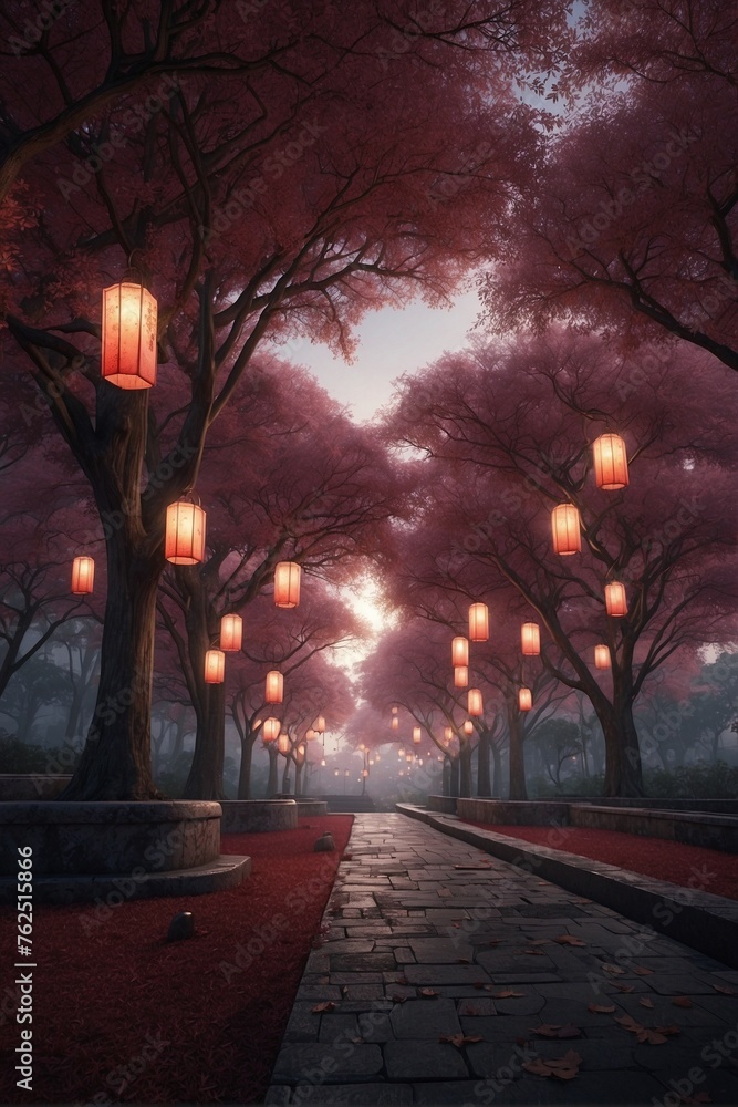 Dark Park with Lanterns and Hanging Trees