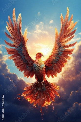Flying phoenix bird in fantasy style. Phoenix in bright sunlight