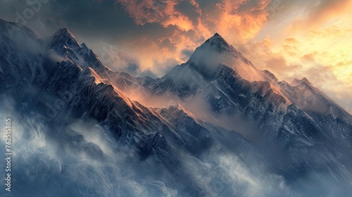 Mountains, snow, winter, clouds, wind, very high, rocks, white and tones, snow capped peaks, north and south poles, unusual landscape, highland, nature. Generative by AI