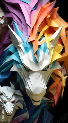 A paper dragon with a white face and blue and orange hair. The dragon is surrounded by other paper dragons © Mongkol