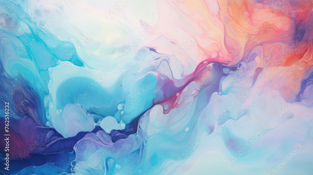 A colorful painting with blue, pink, and orange swirls. The painting has a dreamy, whimsical feel to it
