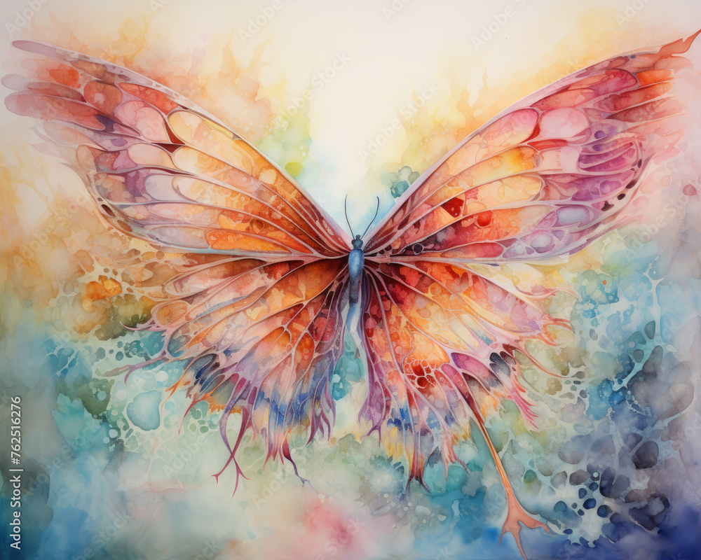 Obraz premium A colorful butterfly with a blue background. The butterfly is surrounded by a rainbow of colors, and it is flying through a field of flowers. The painting conveys a sense of freedom and joy