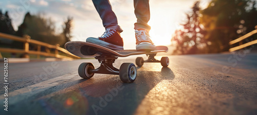 a young man rides a skateboard at high speed along a city road at sunset.