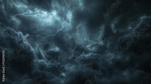 Clouds, storm, storm, thunderstorm, sky, natural disaster, nature, weather. lightning, blue shades, night landscape. Force and peril associated with natural calamities concept. Generative by AI