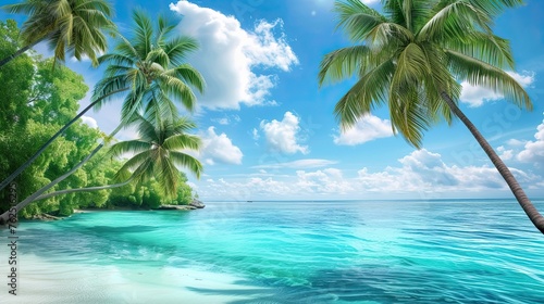 Tropical paradise, beach with palm trees and azure sea. An idyll against the backdrop of turquoise water, light, slightly cloudy sky, dream vacation, resort. Paradise island concept. Generative by AI © Кирилл Макаров