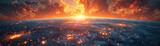 A bright orange sun is rising over a city on a planet. The sky is filled with stars and the city is lit up with a warm glow.