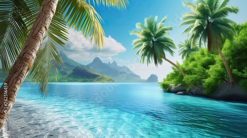 Tropical paradise, beach with palm trees and azure sea. An idyll against the backdrop of turquoise water, light, slightly cloudy sky, dream vacation, resort. Paradise island concept. Generative by AI