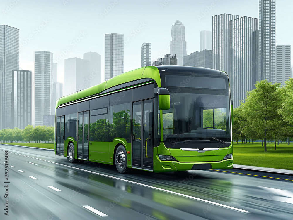 Bright green electric bus in urban setting, representing eco-conscious public transit choices, sustainable commute