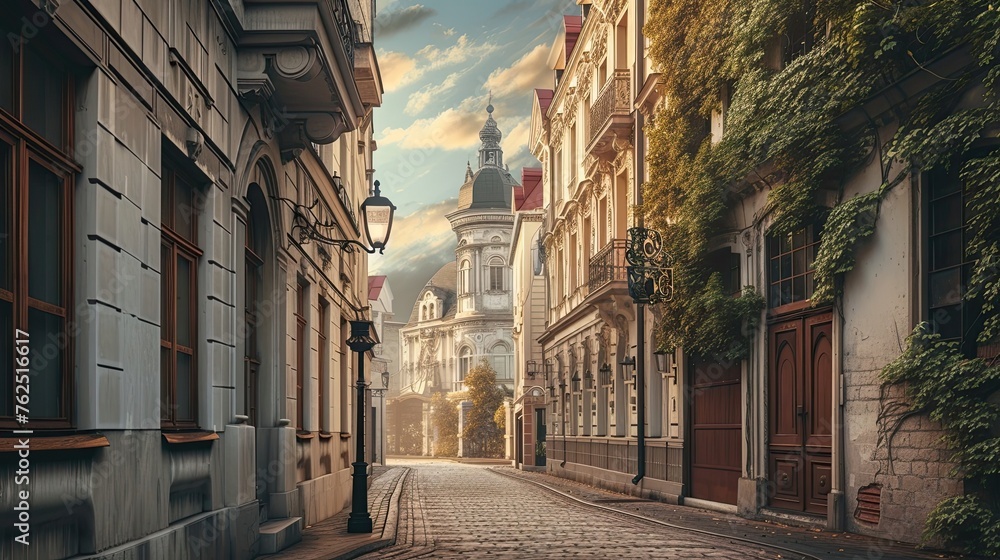 Old town, narrow street with cobbled roads and ancient buildings, vintage, retro, comfort, tranquility, arches, European city, path, historical center, travel, tourism, light colors. Generative by AI