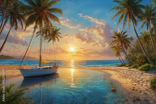Romantic Sunset on a Yacht by the Palm Beach © alexx_60