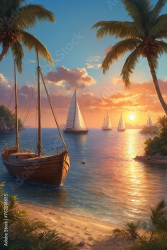 Romantic Sunset on a Yacht by the Palm Beach © alexx_60