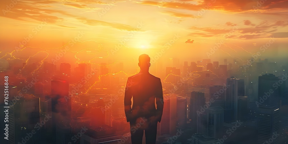 Businessman overlaid on sunrise and global map representing worldwide business network. Concept Business Networking, Global Communication, Sunrise Inspiration, Professional Success