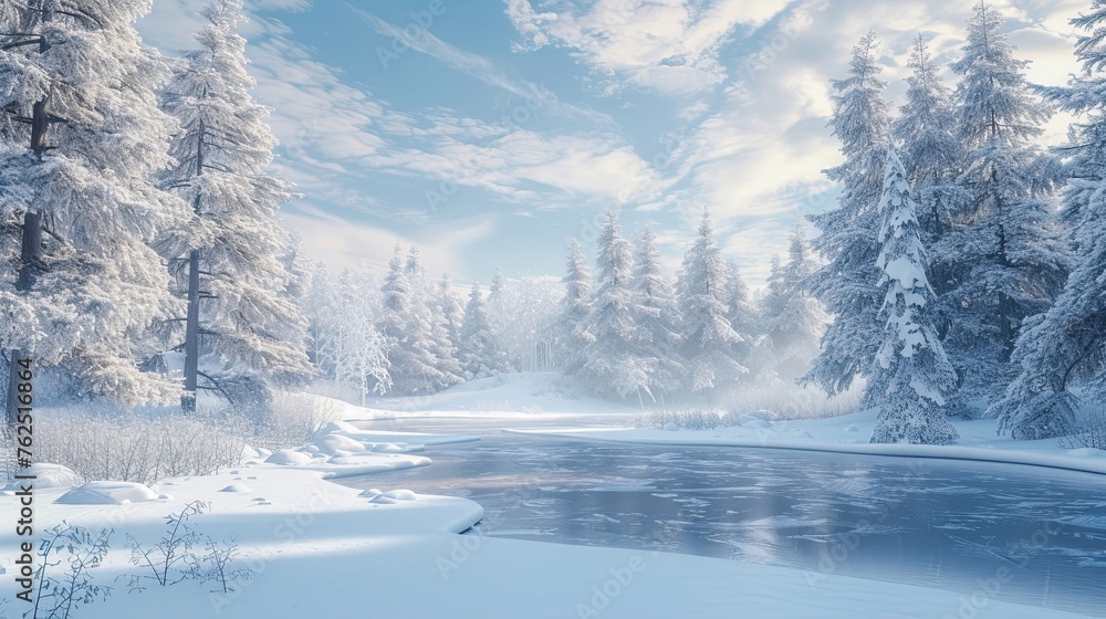 Frozen lake in a snowy forest. Winter, snow, ice, spruce, pine, white tones, landscape, clear and blue sky, caps on the branches. Tranquility, beauty and grandeur of nature concept . Generative by AI