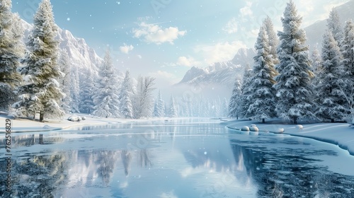 Frozen lake in a snowy forest. Winter, snow, ice, spruce, pine, white tones, landscape, clear and blue sky, mountain background. Tranquility, beauty and grandeur of nature concept. Generative by AI