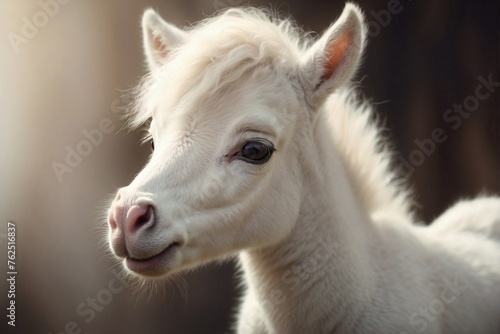 Portrait of a soft and fluffy foal. Cute white