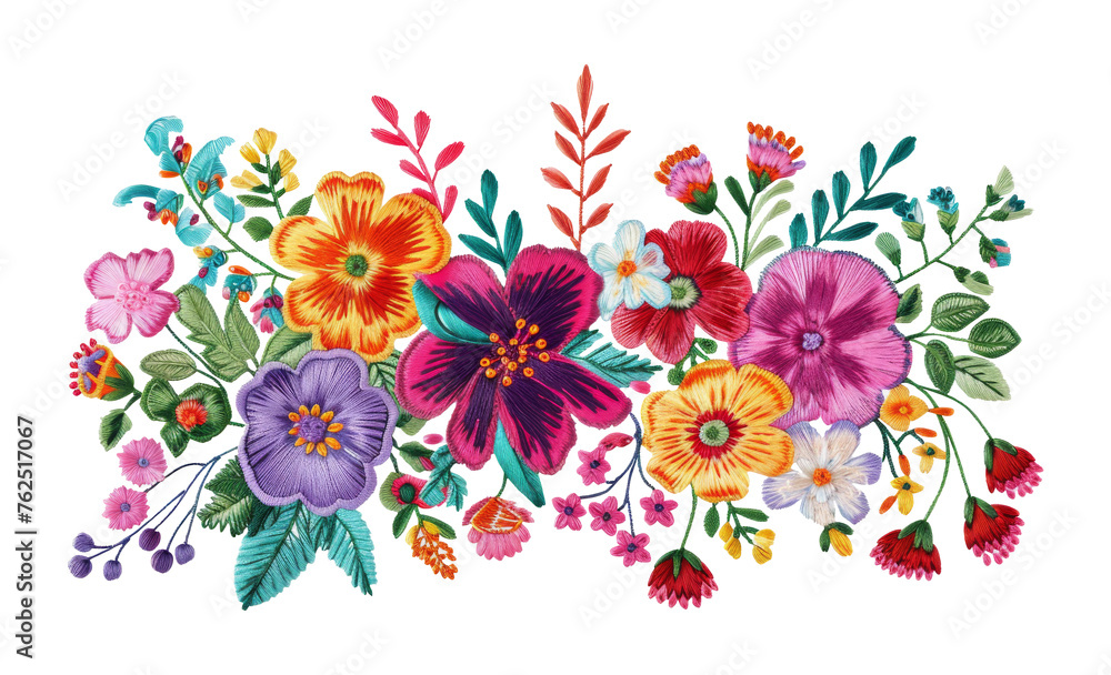 Colorful embroidered flowers with leaves on transparent background