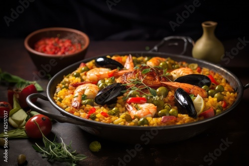 Hearty paella in a clay dish against a painted acrylic background