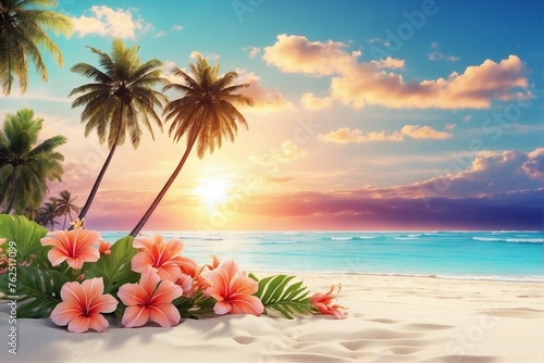 Tropical flowers lie on a white sandy beach on the shore of the azure ocean