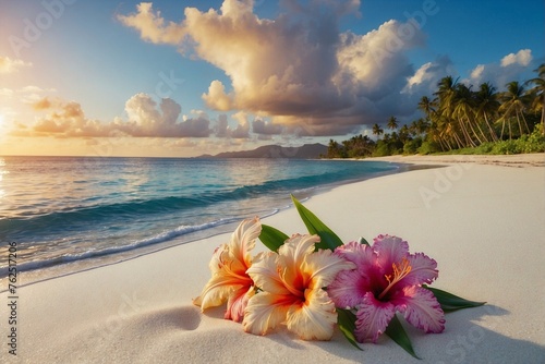 Tropical flowers lie on a white sandy beach on the shore of the azure ocean © alexx_60