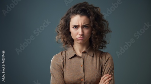 Disgust on the face of a young woman standing over an isolated background. photo