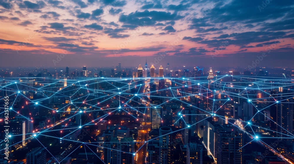 Fototapeta premium Wireless network connection over cityscape at night, 3d rendering