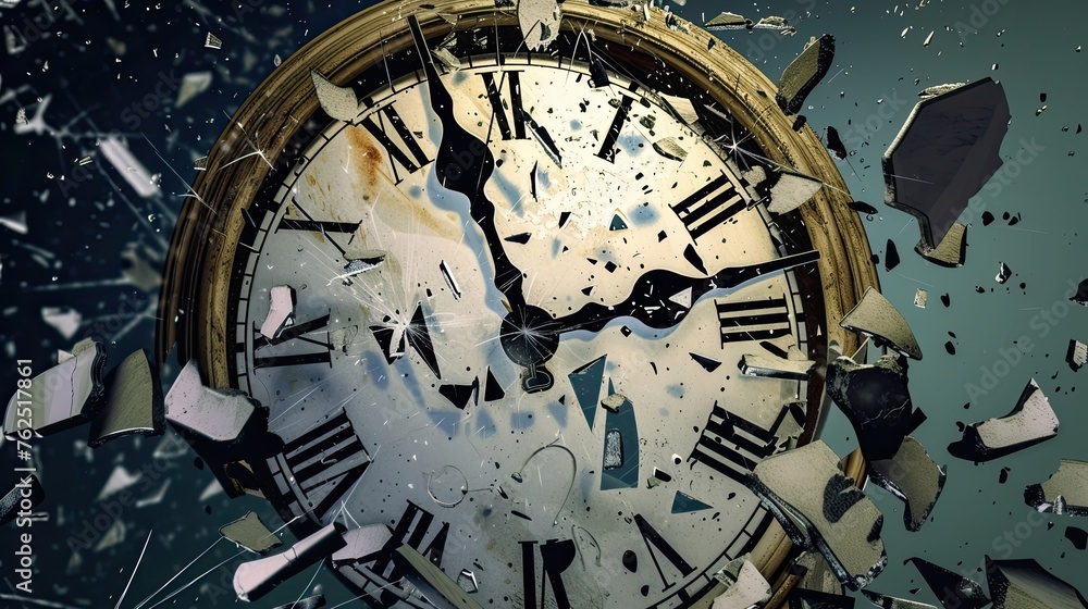 Fototapeta premium An abstract image of a broken watch, dial, hands, Roman numerals, dust and dirt, seconds, minutes, hours. Cracks, scratches, history, time. End of times concept. Gray tones. Generative by AI