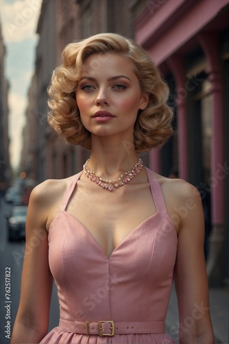 Obraz na płótnie Retro Romance: Stylish Woman in Pink Dress on Urban Street w salonie