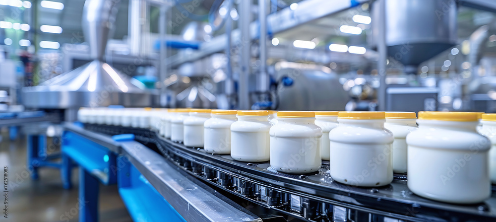 production of natural yogurt on a conveyor belt