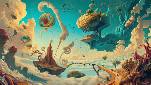 Abstract illustration of another world, bubbles, fairy tale reality with floating islands floating on the clouds. Space, clouds, parallel universe, alien civilization concept. Generative by AI photo