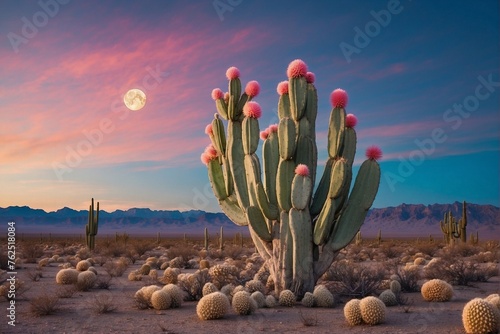 Gymnocalicium Cactus in Desert with Full Moon photo