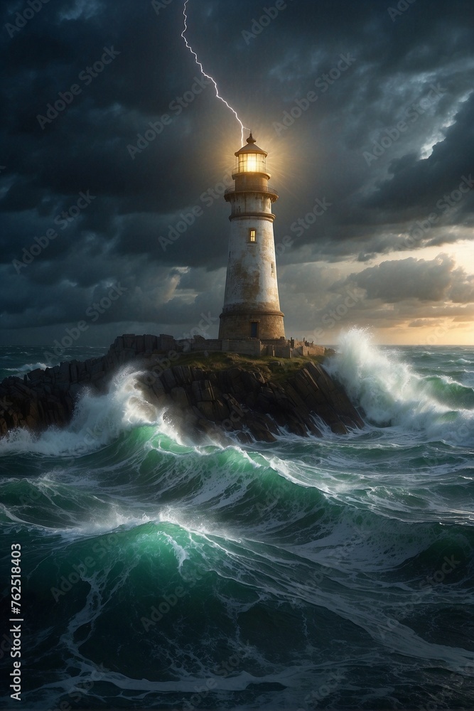 Lighthouse on the Shore During a Raging Storm