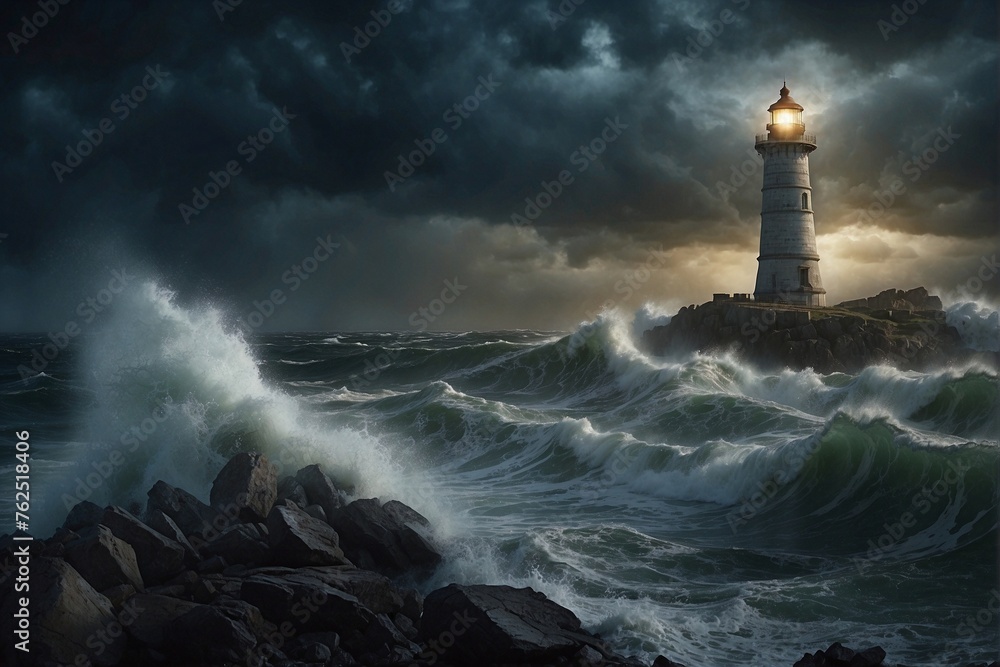 Lighthouse on the Shore During a Raging Storm