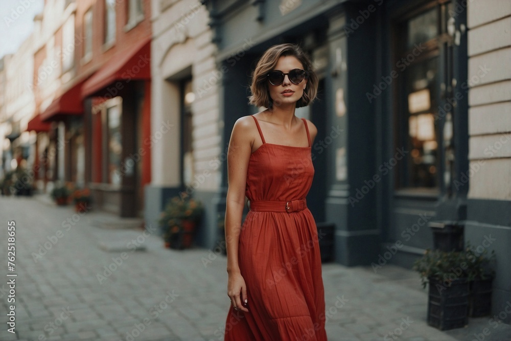 Young Woman Walking in the City in a Red Summer Dress Young Woman Walking in the City in a Red Summer Dress