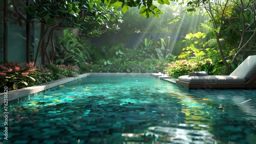 Serene pool nestled in a lush garden bathed in the warm glow of morning sunlight