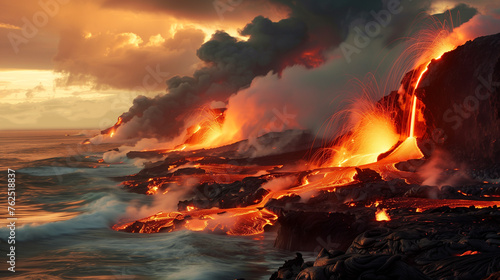 Rios de lava fundida humeante entrando al mar