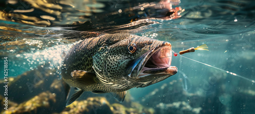 a large fish swallows a baited hook underwater