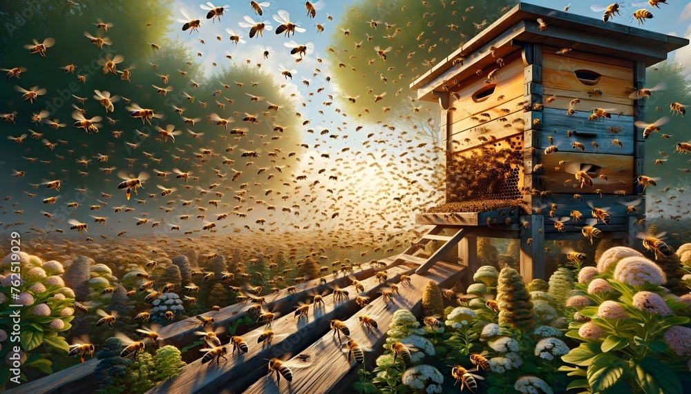 Hive entrance with bees performing orientation flights, forming dynamic patterns in the air. - obrazy, fototapety, plakaty 