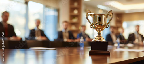a golden trophy stands on a table on a blurred background of a team of businessmen in a conference room