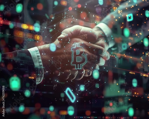 A handshake between business partners set against a digital backdrop of cryptocurrency symbols and financial data © JK_kyoto