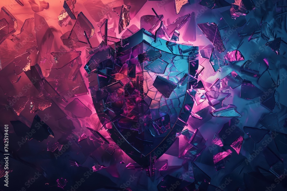 An abstract interpretation of a shattered glass shield icon for a cybersecurity concept dark fantasy - obrazy, fototapety, plakaty 