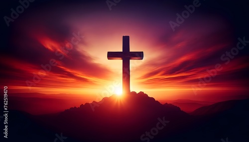 Wooden cross symbolizing the resurrection, set against the backdrop of a sunset. © mitarart