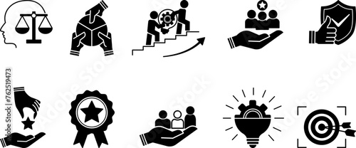 Black Set of Core Values Icons. Vector Icons Commitment, Innovation, Customers, Teamwork, Honesty, Goals, Responsibility, Reliability, Quality, and Inclusion