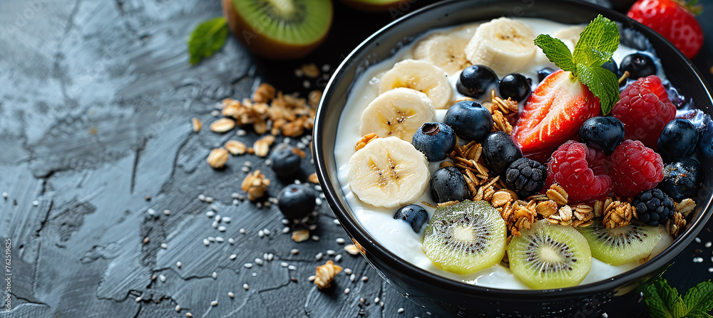 A bowl filled with creamy yogurt, topped with crunchy granola and a vibrant medley of fresh fruits like berries, bananas and kiwi. A bowl filled with creamy yogurt, topped with crunchy granola and a vibrant medley of fresh fruits like berries, bananas and kiwi.