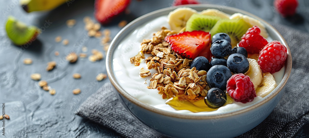 A bowl filled with creamy yogurt, topped with crunchy granola and a vibrant medley of fresh fruits like berries, bananas and kiwi. A bowl filled with creamy yogurt, topped with crunchy granola and a vibrant medley of fresh fruits like berries, bananas and kiwi.