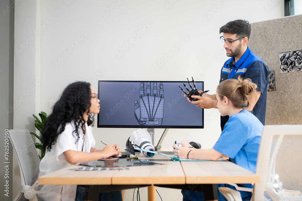 Engineers, doctors and physical therapists brainstorm ideas to design a robot with arm and hand organs, To be utilized for additional testing on patients.
