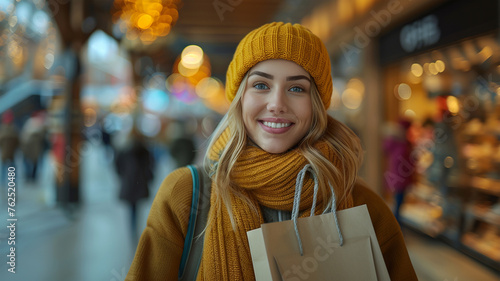 Cheerful Young Woman Shopping in Winter Apparel