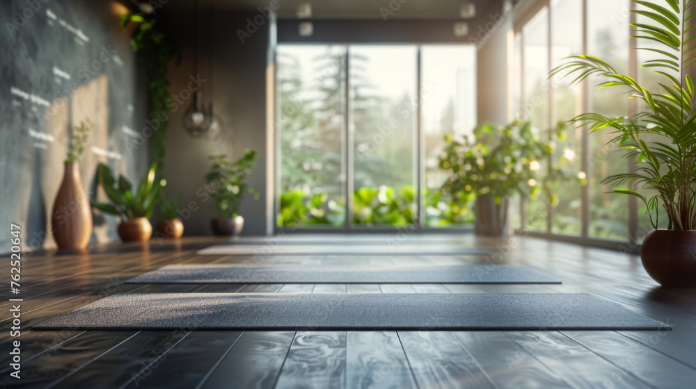 Contemporary yoga room with wood floor and indoor plants