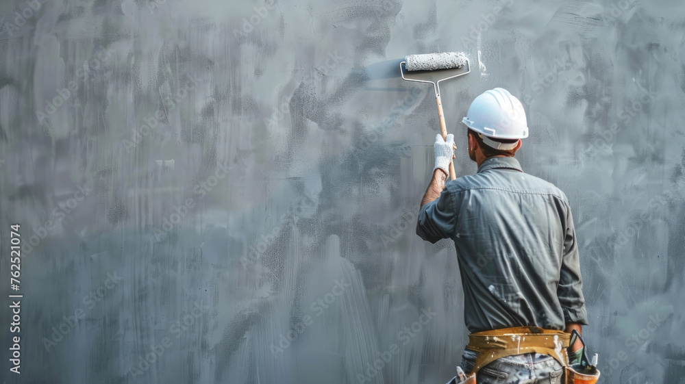 Building contractor painting grey wall with roller brush, copy space text. Construction worker renovating house.