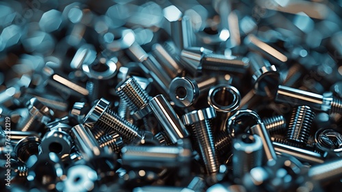 High detail close-up of shiny metal fasteners piled together with a neutral background