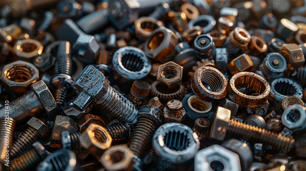 Collection of metallic bolts, nuts, and washers for construction and repairs Collection of metallic bolts, nuts, and washers for construction and repairs